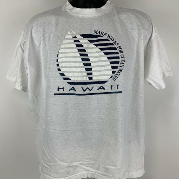 Vintage 80s Make Waves For Clean Water Hawaii T Shirt Mens Large Sailing White - Picture 2 of 8